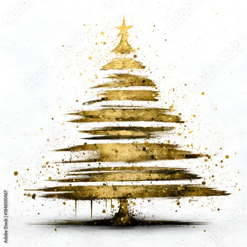 A golden christmas tree illustration created with brush strokes and paint splatters on a textured white background with a star on top is festive.