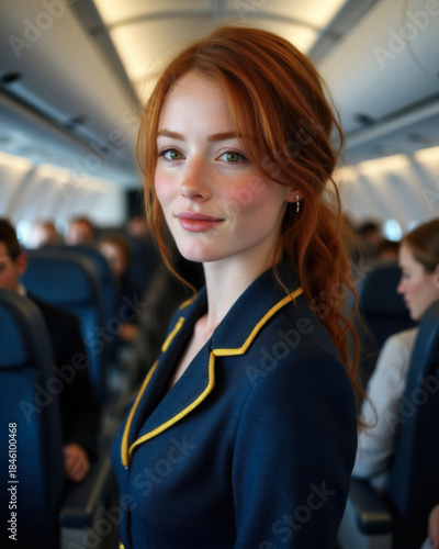 smiling flight attendant in a blue and yellow uniform on an airplane looking at the camera