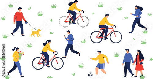 People outdoor activities illustration set with walking, cycling, running, dog walking and leisure lifestyle scenes in flat style