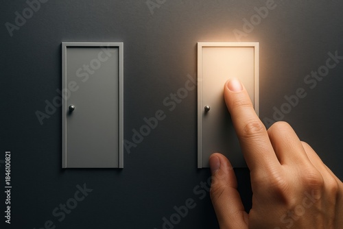 Hand choosing illuminated door among two doors on dark wall concept decision