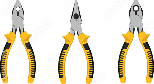 Professional pliers tool illustration set with combination, needle nose and cutting pliers for construction, repair and workshop design