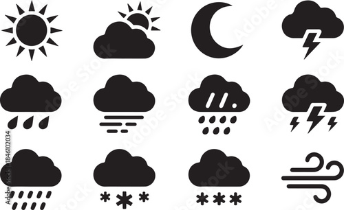 A collection of minimal black glyph icons illustrating various common weather conditions and forecasts