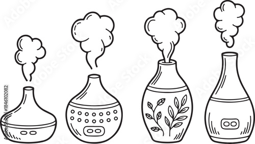 A collection of outline drawings showing different styles of aroma diffusers releasing fragrant vapor