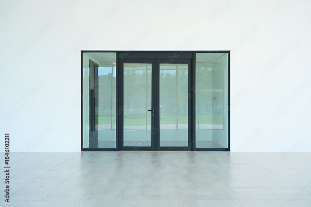 Obraz premium Modern glass double doors with black metal frame on white wall, minimalist architectural design for office or commercial building entrance, clean contemporary interior and exterior concept.