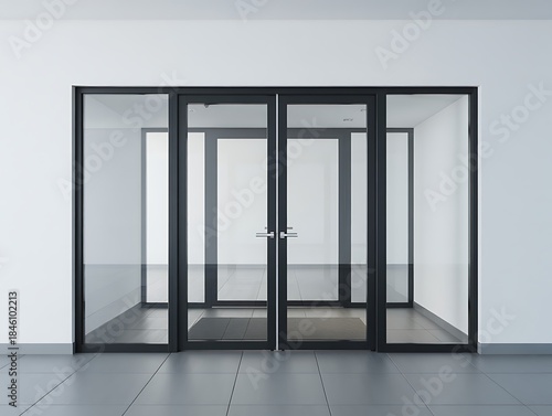 Wallpaper Mural Modern glass double doors with black metal frame on white wall, minimalist architectural design for office or commercial building entrance, clean contemporary interior and exterior concept. Torontodigital.ca