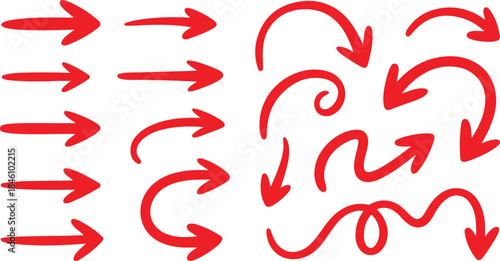 A collection of various red hand drawn arrows pointing in different directions on a white background