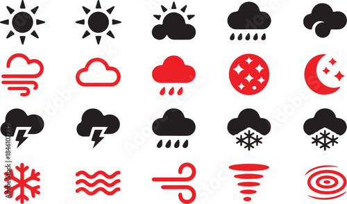 A comprehensive set of stylized black and red weather forecast icons for various atmospheric conditions