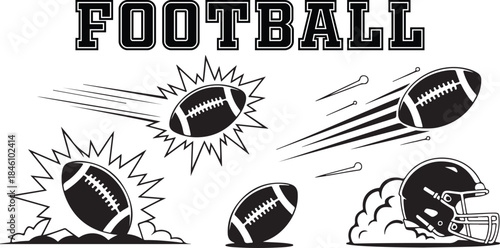 A dynamic collection of black and white American football themed illustrations and sports elements