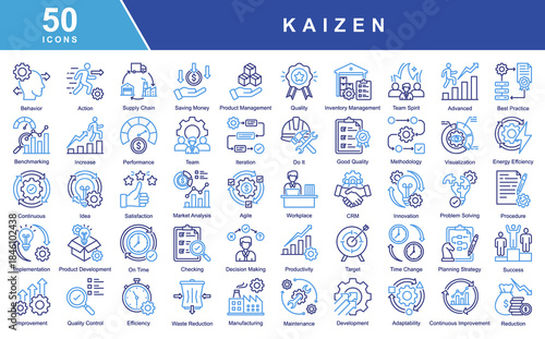 Kaizen icon set featuring continuous improvement,productivity,quality,efficiency,teamwork,innovation,and lean processes.Ideal for business,manufacturing,management,and operational excellence projects.