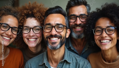 Group of diverse smiling people with glasses and beards, men and women, different ages. They share a moment of joy and connection, looking happy. This portrays positive human relations.