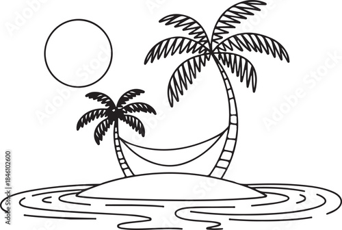 A peaceful small island scene with two palm trees a hammock sun and water ripples