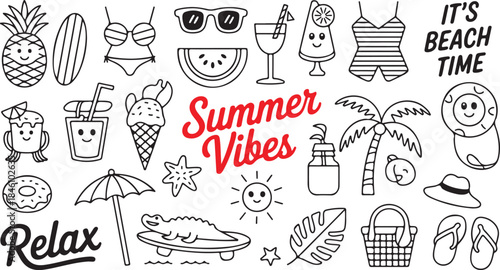 A playful assortment of summer vacation themed doodles with cheerful text on a white background