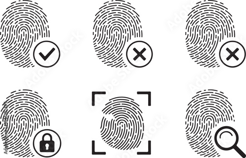 A set of black fingerprint icons with check marks, crosses, locks, and magnifying glass symbols
