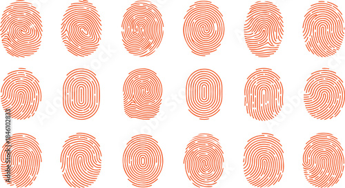 A systematic grid showcasing various unique human fingerprint patterns depicted as orange outlines on a clean white background