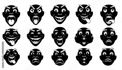Levity and Laughter: Collection of Funny Goofy Facial Expressions Vector Silhouettes