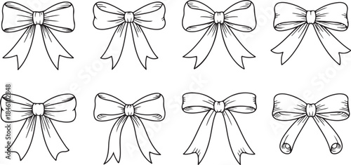 An assorted collection of eight detailed black outline ribbon bows with internal shading lines