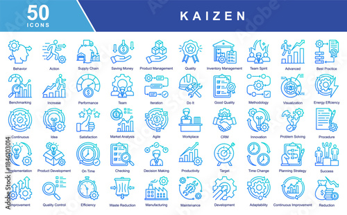 Kaizen icon set featuring continuous improvement,productivity,quality,efficiency,teamwork,innovation,and lean processes.Ideal for business,manufacturing,management,and operational excellence projects.