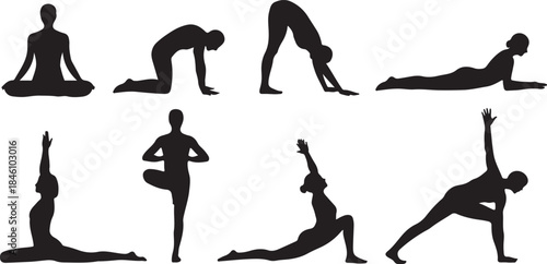 Black silhouettes of people performing various yoga poses on a clean white space demonstrating meditation and flexibility