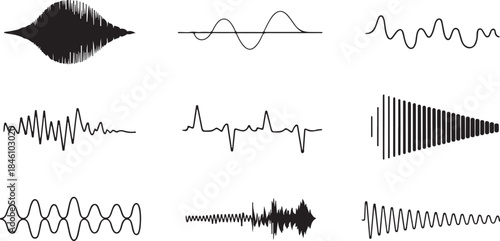 Black waveform patterns demonstrating sound frequency and digital audio visualization on a clean white background