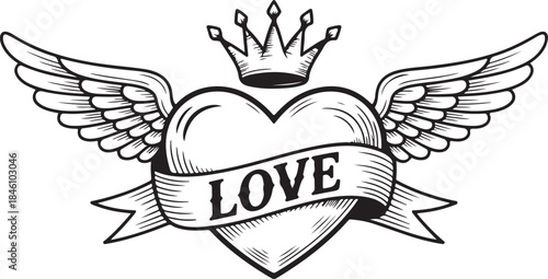 Classic black and white tattoo style illustration of a winged heart crowned with a banner saying love