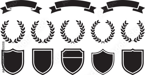 Collection of classic black shield icons, laurel wreaths, and elegant ribbon banners for badges
