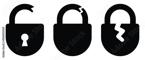 Broken Padlock Icon Representing Cyber Security Breach and Data Vulnerability Vector illustration.