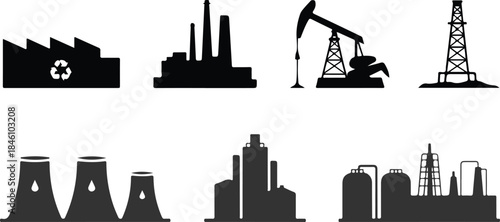 Diverse black silhouettes of various industrial buildings and energy production structures on a white background
