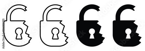 Unlocked and Cracked Padlock with Shield Symbolizing Data Breach and Cyber Attack Vector illustration.