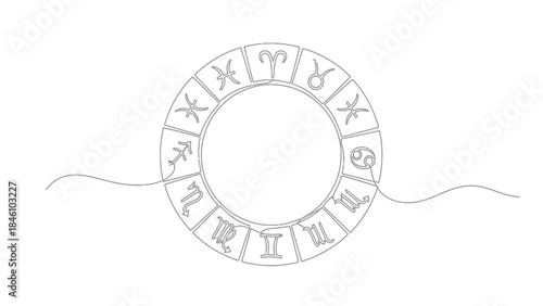 Minimalist line drawing of zodiac wheel with symbols encircling a central void