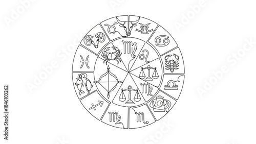 Minimalist Zodiac Wheel Illustration Showing 12 Astrological Signs with Symbolic Icons in Black