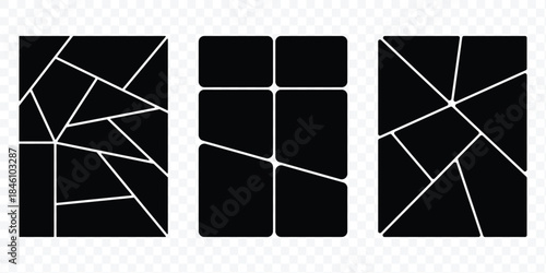 Digital photo wall template with grid of empty frames. Geometric tiles pattern for photo collage, website layout, etc. Trendy tiling frames arrangements and presentation templates for social media. 