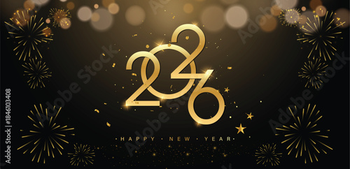 Golden Fireworks Celebration for New Year 2026, Luxury Background with Bokeh light and Gritter