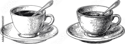 2 sets Hand drawn coffee cups with spoons isolated on white background, vector illustration vintage sketch style
