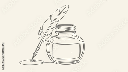 Minimalistic Line Drawing of an Ink Bottle with a Quill Pen for Creative Writing or Lettering Art