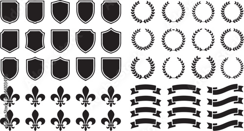 Extensive collection of black heraldic shields, laurel wreaths, fleur de lis, and ribbon banners on white