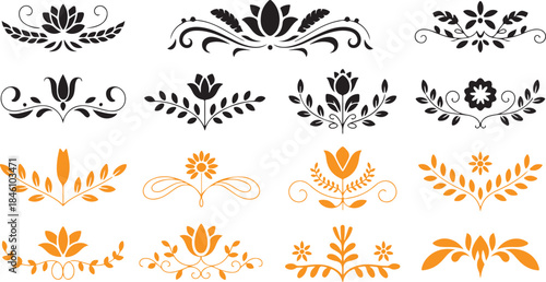 Extensive collection of elegant floral and leafy flourish elements in black and warm orange colors