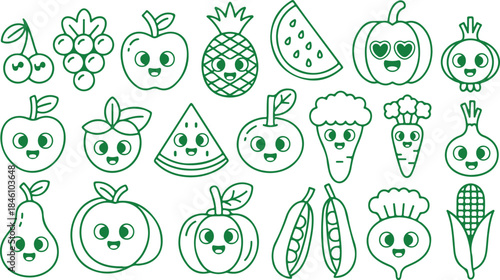 Many cute smiling outline fruit and vegetable characters are arranged neatly on a clean white background