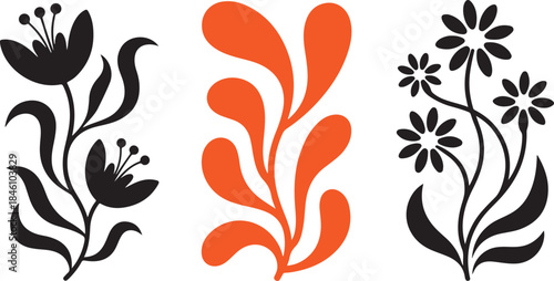 Modern stylized plant illustrations featuring simple floral elements in black and a vibrant orange hue
