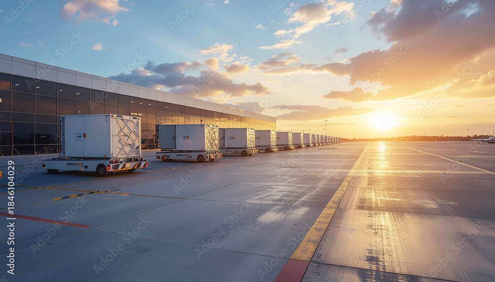 Obraz premium Modern airport cargo loading area with autonomous vehicles and sunset