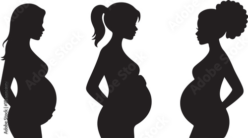 Three distinct pregnant women shown in black silhouette profiles on a plain white background