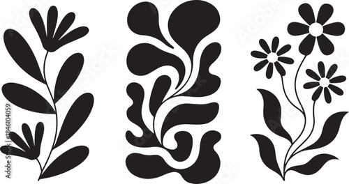 Three distinct stylized plant silhouettes and flowing organic shapes appear on a clear white surface