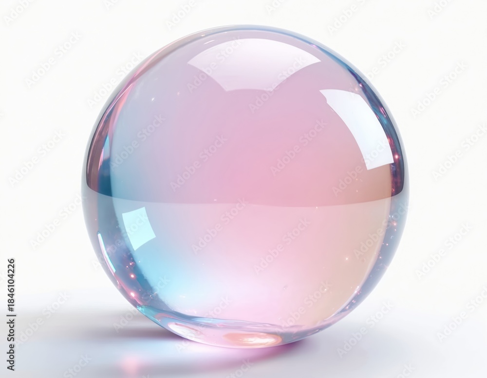 Obraz premium Transparent sphere with pink blue gradient colors and subtle sparkle inside. This abstract geometric shape resembles a bubble or crystal ball, isolated on a clean white background.