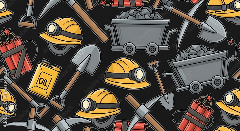 Mining tools and equipment seamless pattern on a dark background.