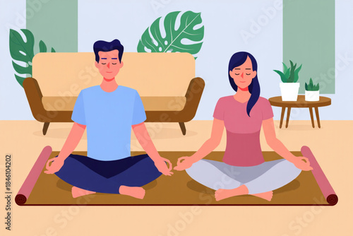 A serene couple finds inner peace and mindfulness practicing yoga and meditation at home