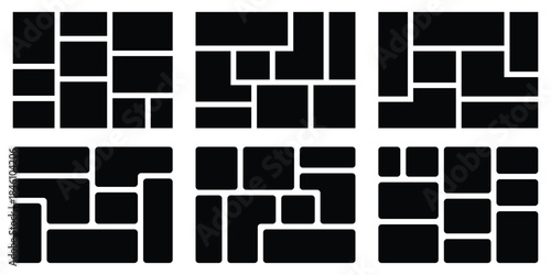 Digital photo wall template with grid of empty frames. Geometric tiles pattern for photo collage, website layout, etc. Trendy tiling frames arrangements and presentation templates for social media. 