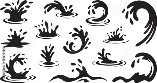 Various black silhouettes of dynamic water splashes, drops, and liquid elements on a clean white surface