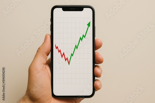 Hand holding smartphone showing rising financial graph with green arrow