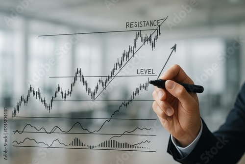 Hand drawing stock market chart with resistance and level indicators for financial analysis