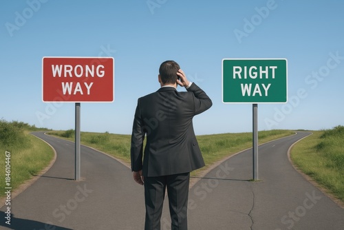 Businessman choosing between right way and wrong way on rural road decision making