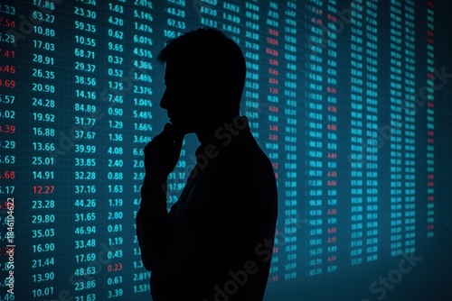 Silhouette of man analyzing stock market data on digital screen